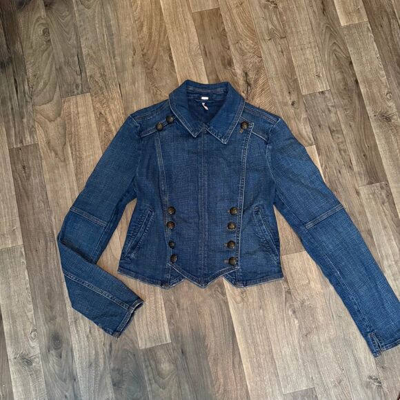 Free People Denim Military Band Jacket Double Breasted Blue Jean OB466872 - Picture 3 of 8